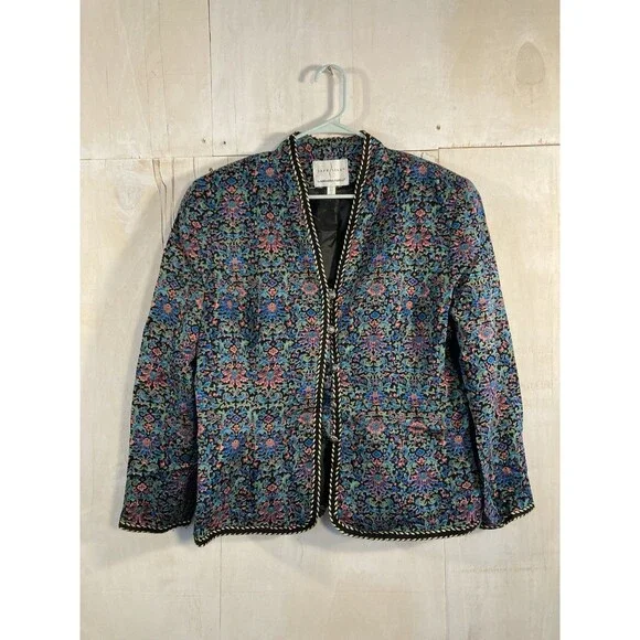 Vintage 100% Silk Brocade‎ Womens Sz 16 Floral Jacket Shoulder Pads SafeSilk - Picture 2 of 7